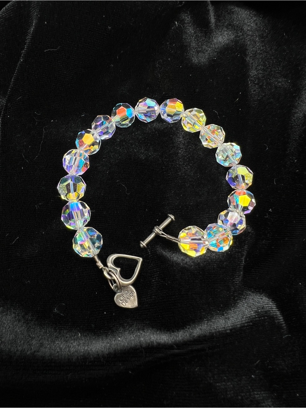 VINTAGE Aurora Borealis Crystal Bead Bracelet with Heart Charm